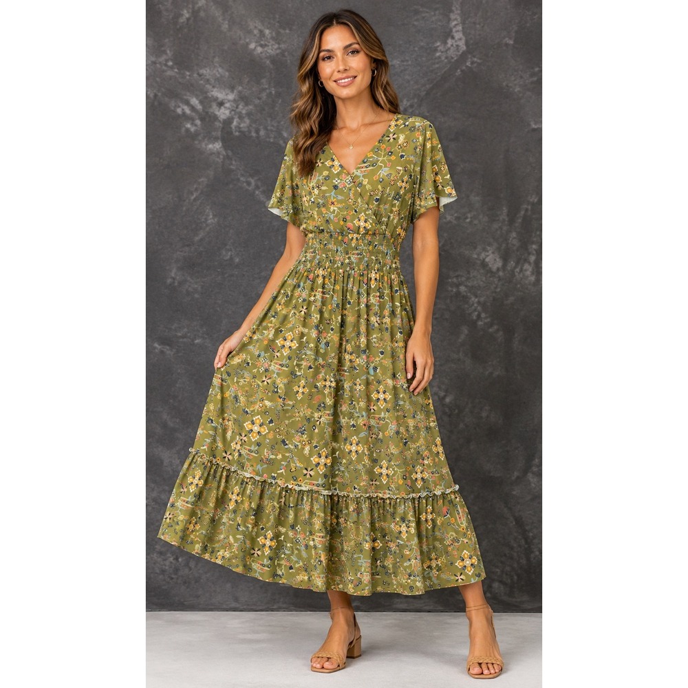Canyon Retreat Olive Green Floral Smocked Boho Cottage Waist Maxi DressWomens 1X